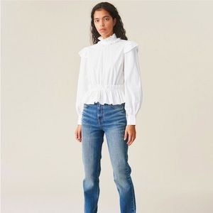 Ganni White Peplum Organic Cotton Poplin Puff Sleeve Blouse Size 40 M NWT